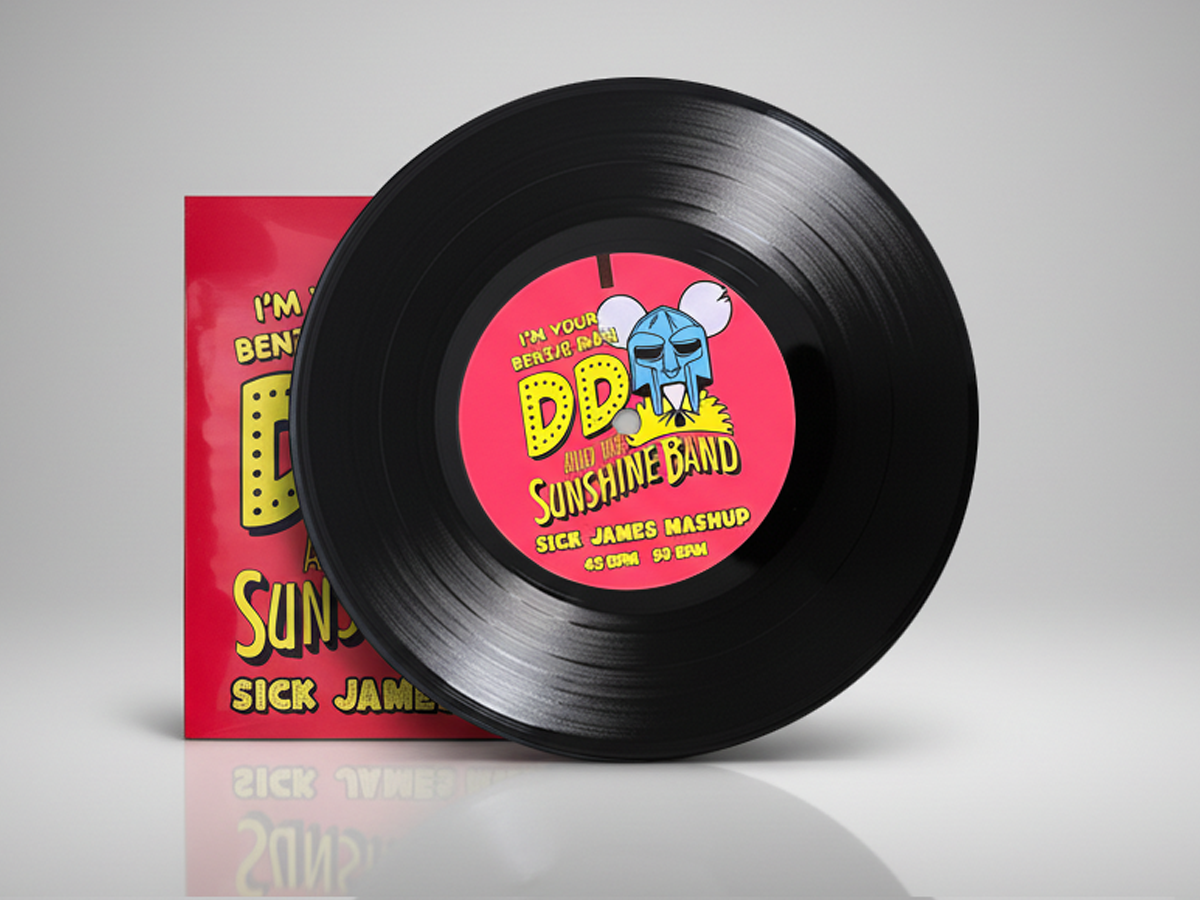 Black 7-inch record leaning on its red DD and the Sunshine Band sleeve