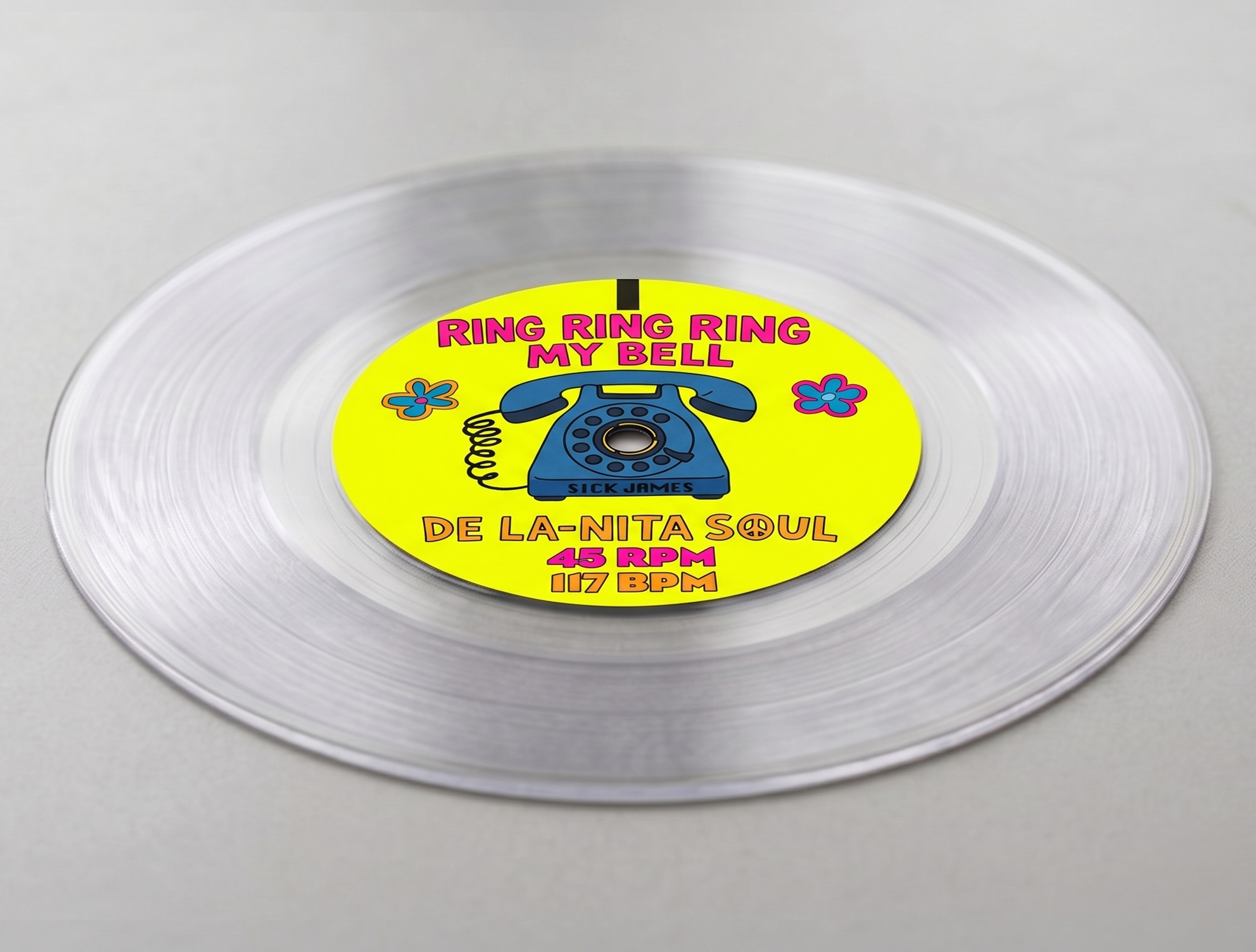 Clear 7-inch lathe cut with a yellow Ring Ring Ring My Bell label